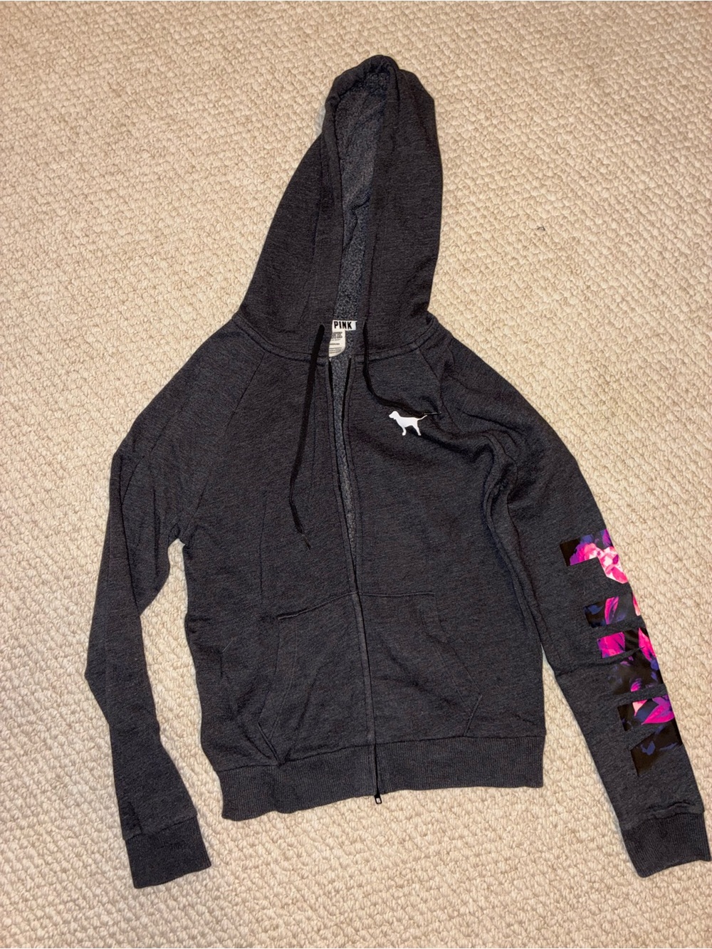 Victoria's Secret PINK Charcoal Zip Hoodie with Hot Pink Sleeve Detail